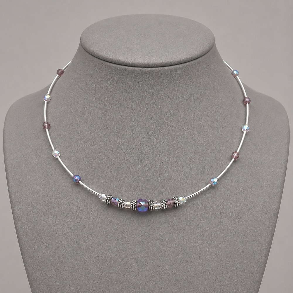 Lia Sophia Necklace Silver Tone Purple Aurora Borealis Crystal‎ Beaded 16-18"
